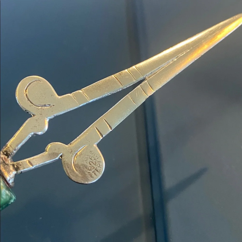 Vintage Sterling 925 Carved Green Stone Letter Opener  Mexico